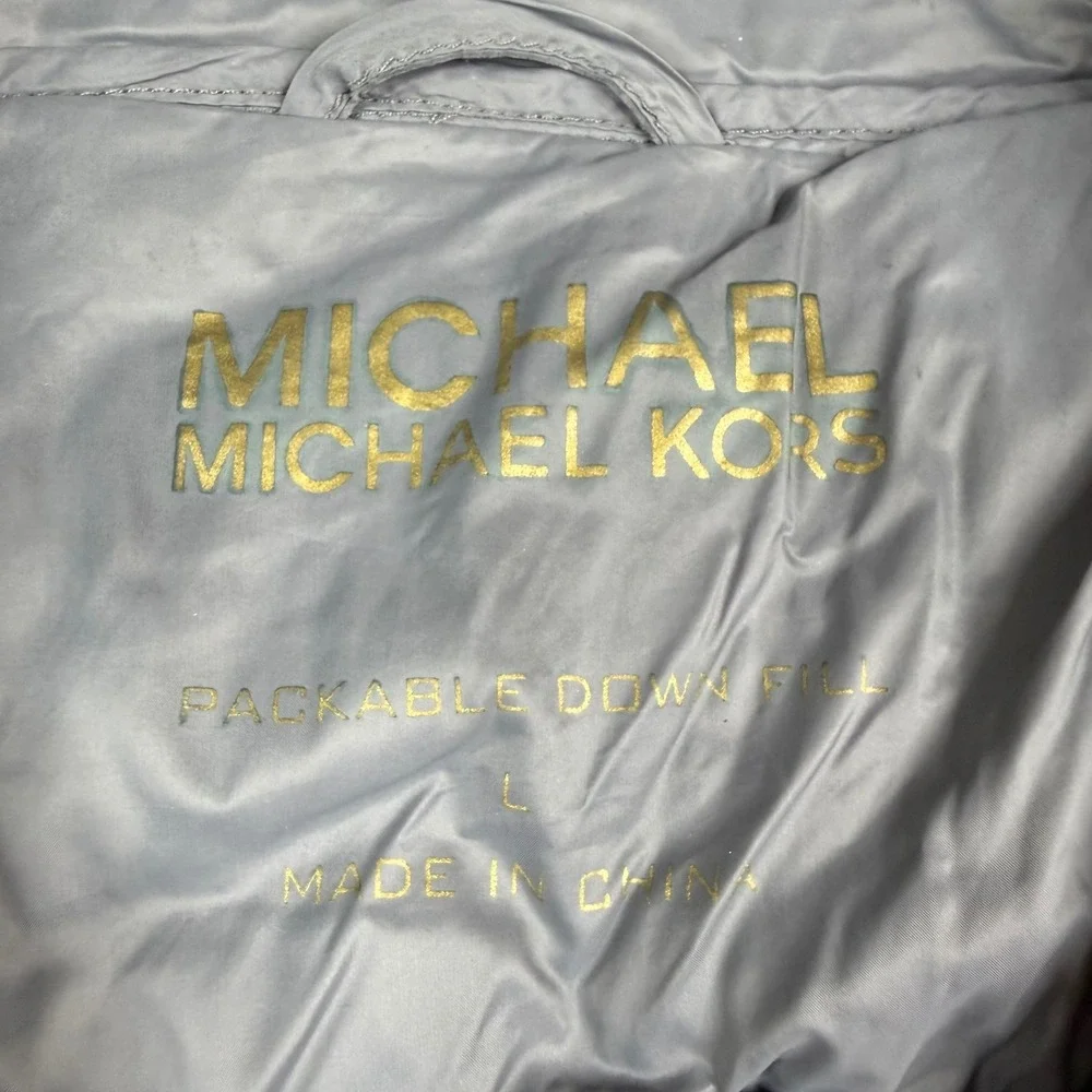 Michael Kors Down Puffer Jacket Women Large Gray Packable Gold Zip Funnel Neck